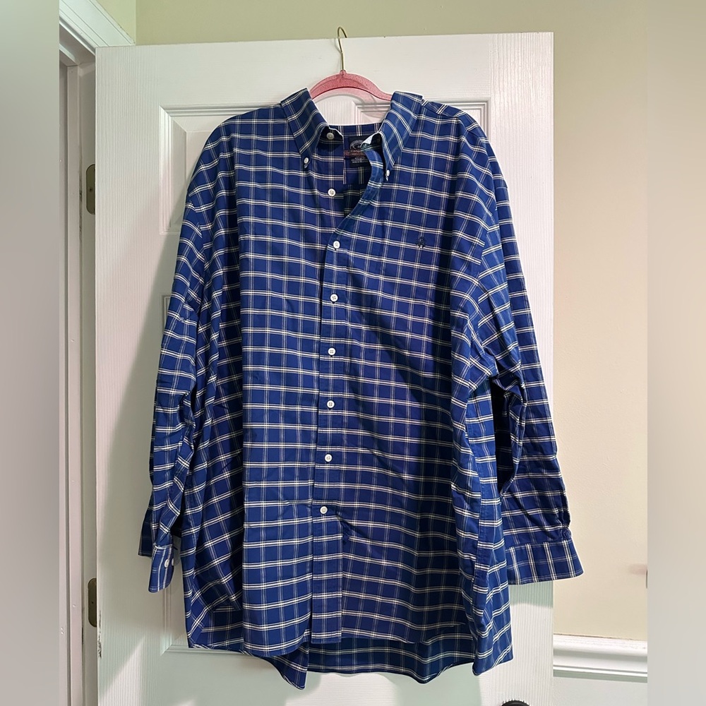 4XL Brooks Brothers Blue and White Plaid Long Sleeve Dress Shirt